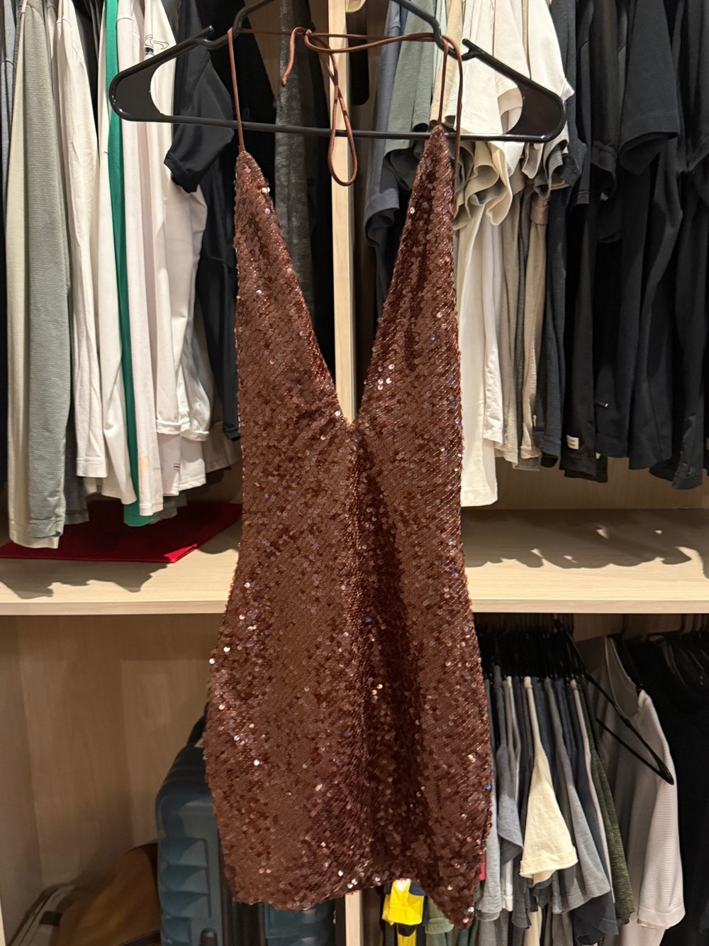 Meshki Brown Cecelia Sequin Halter Mini Dress